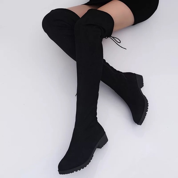 #97 RESTOCKED Vegan Suede Black Flat Over Knee Velvet  Faux Fur Lined Boots - Picture 2 of 13